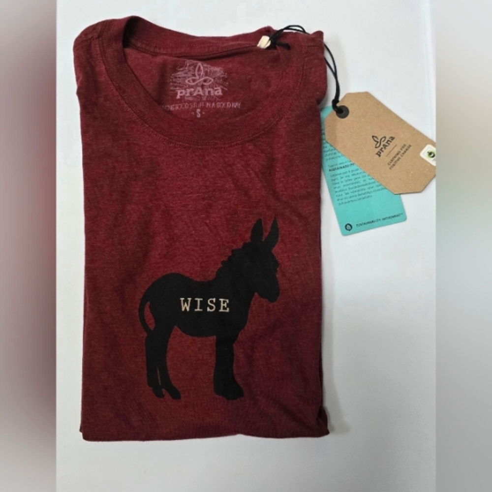 prAna Burgundy Tee with Black Donkey Wise Graphic